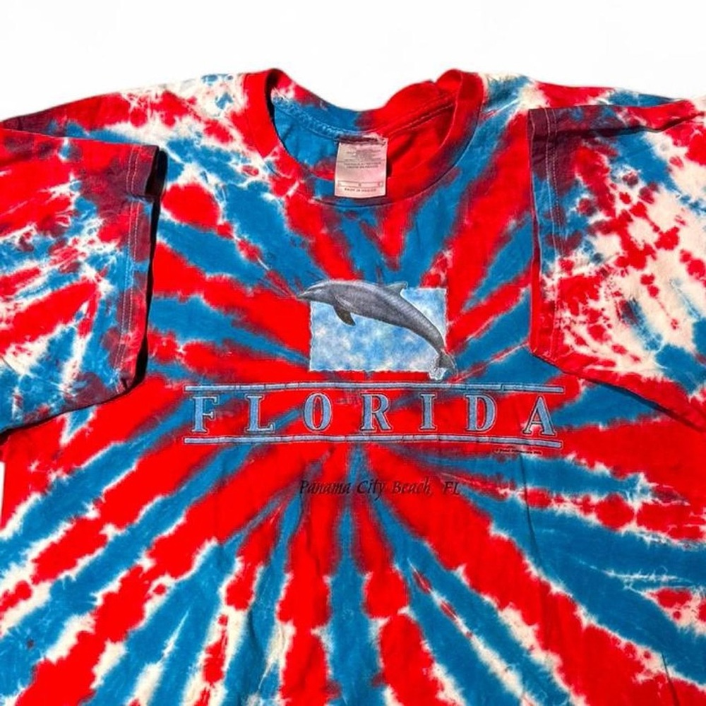 y2k FLORIDA DOLPHIN RED WHITE BLUE TIE DYE LARGE TEE